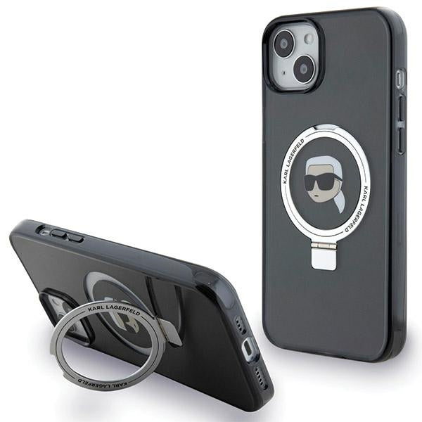 Capa MagSafe para Apple iPhone 15, Karl Lagerfeld, Ring Stand Karl's Head, Preta