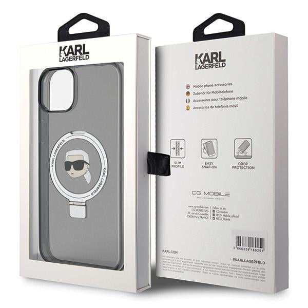 Capa MagSafe para Apple iPhone 15, Karl Lagerfeld, Ring Stand Karl's Head, Preta