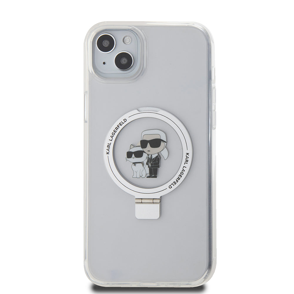 Capa MagSafe para Apple iPhone 15 Plus, Karl Lagerfeld, Ringstand Karl and Choupette, Branca