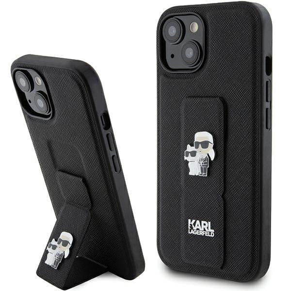 Capa MagSafe para Apple iPhone 15, Karl Lagerfeld, Saffiano Gripstand Karl & Choupette, Preta
