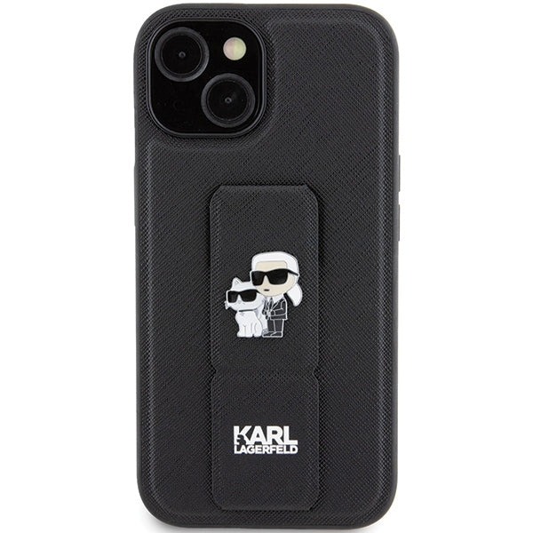 Capa MagSafe para Apple iPhone 15, Karl Lagerfeld, Saffiano Gripstand Karl & Choupette, Preta