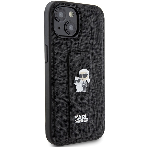 Capa MagSafe para Apple iPhone 15, Karl Lagerfeld, Saffiano Gripstand Karl & Choupette, Preta