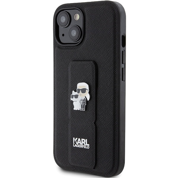 Capa MagSafe para Apple iPhone 15, Karl Lagerfeld, Saffiano Gripstand Karl & Choupette, Preta