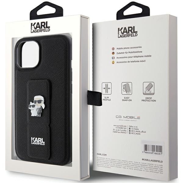 Capa MagSafe para Apple iPhone 15, Karl Lagerfeld, Saffiano Gripstand Karl & Choupette, Preta