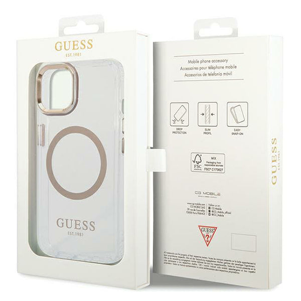 Capa MagSafe para Apple iPhone 15 Plus, Guess, Metal Outline, Dourada