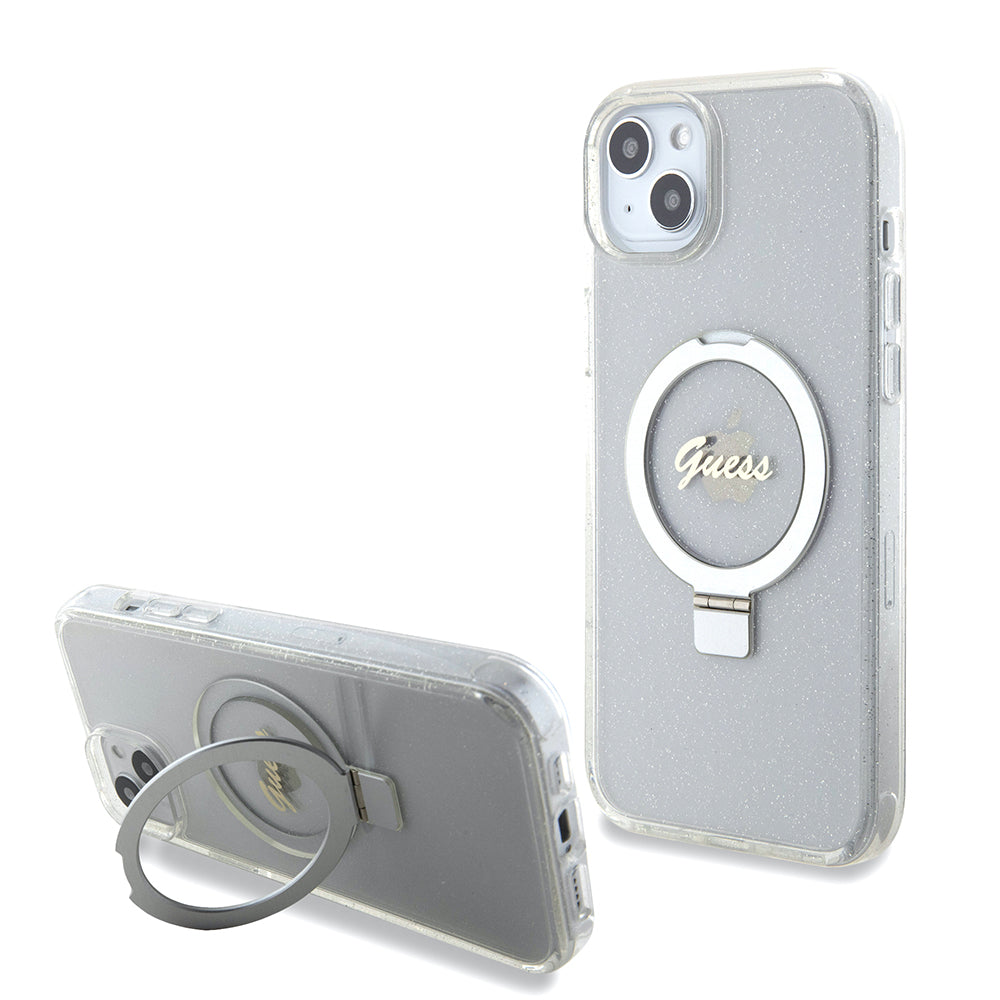 Capa MagSafe para Apple iPhone 15 Plus, Guess, Ring Stand Script Glitter, Transparente