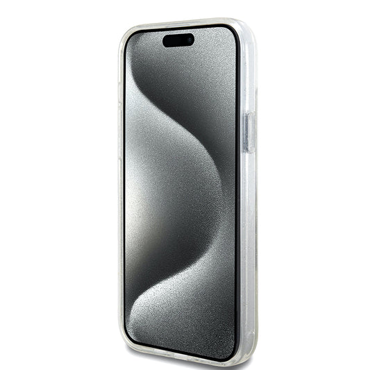 Capa MagSafe para Apple iPhone 15 Plus, Guess, Ring Stand Script Glitter, Transparente