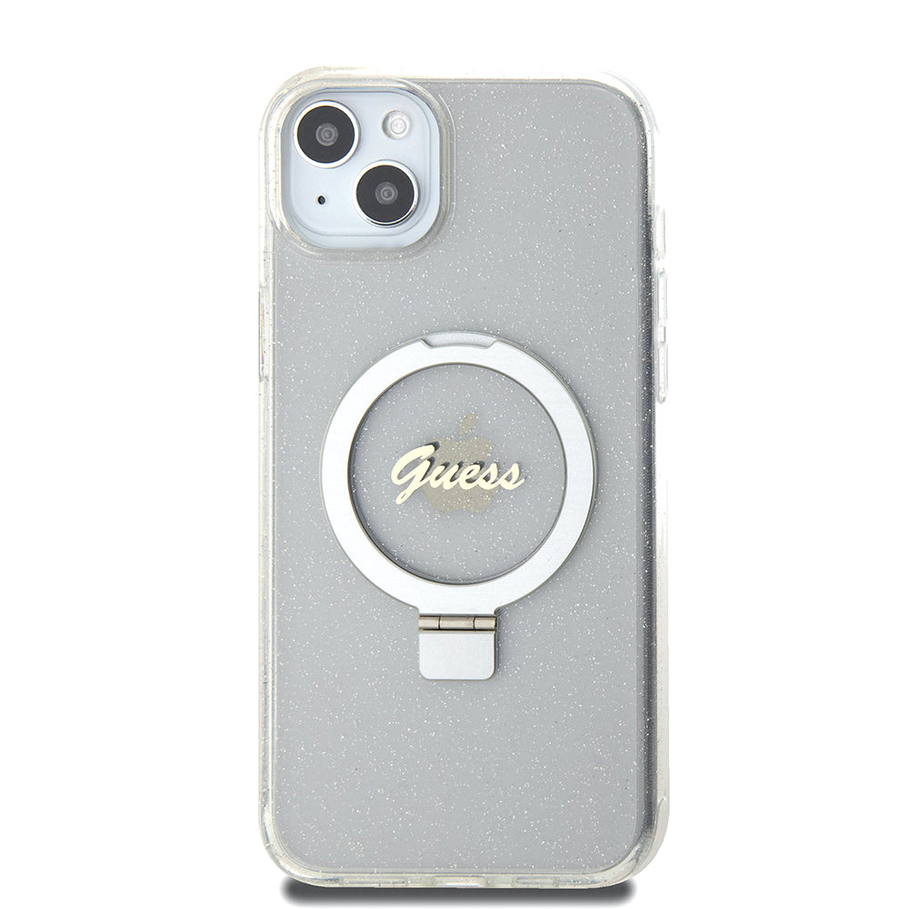 Capa MagSafe para Apple iPhone 15 Plus, Guess, Ring Stand Script Glitter, Transparente