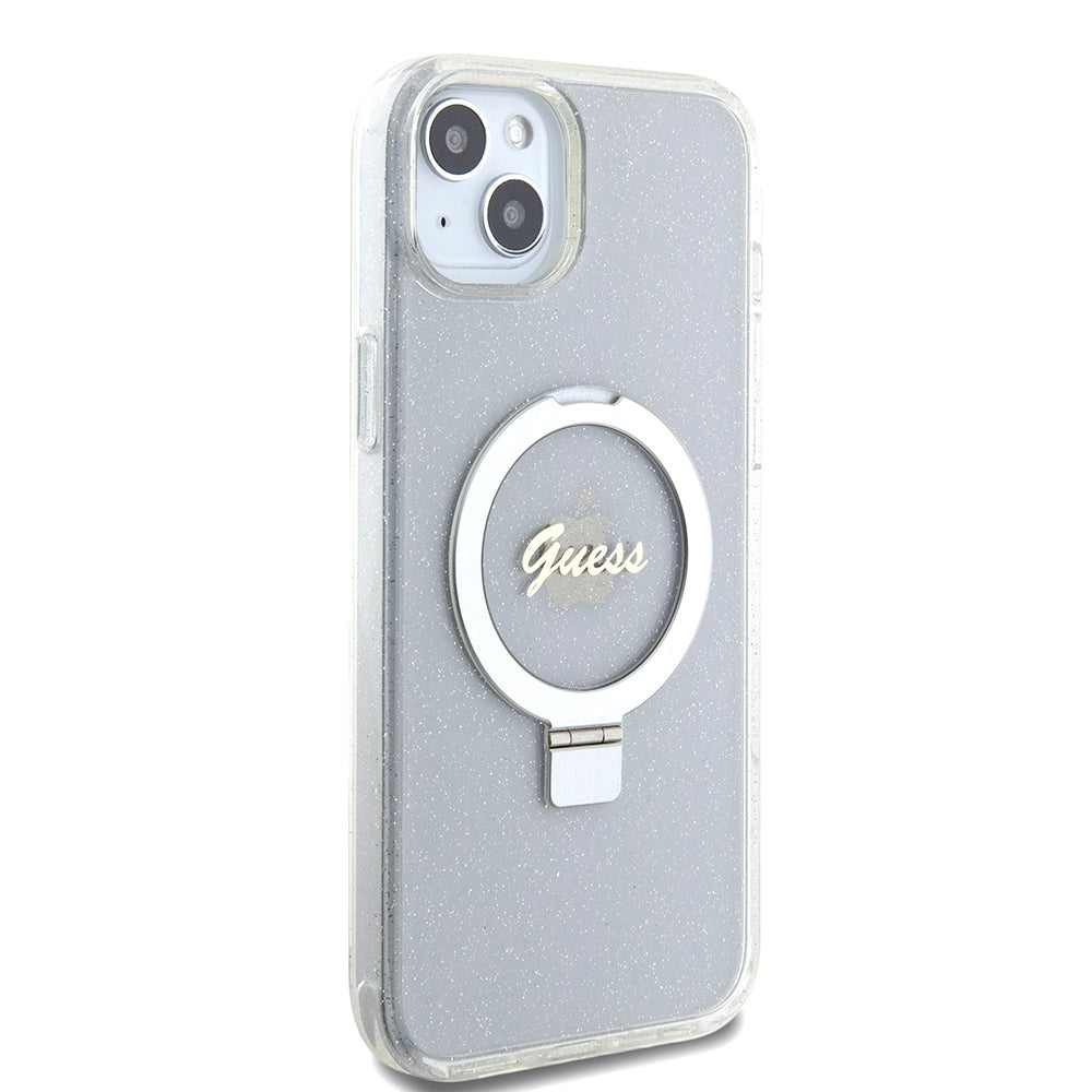 Capa MagSafe para Apple iPhone 15 Plus, Guess, Ring Stand Script Glitter, Transparente