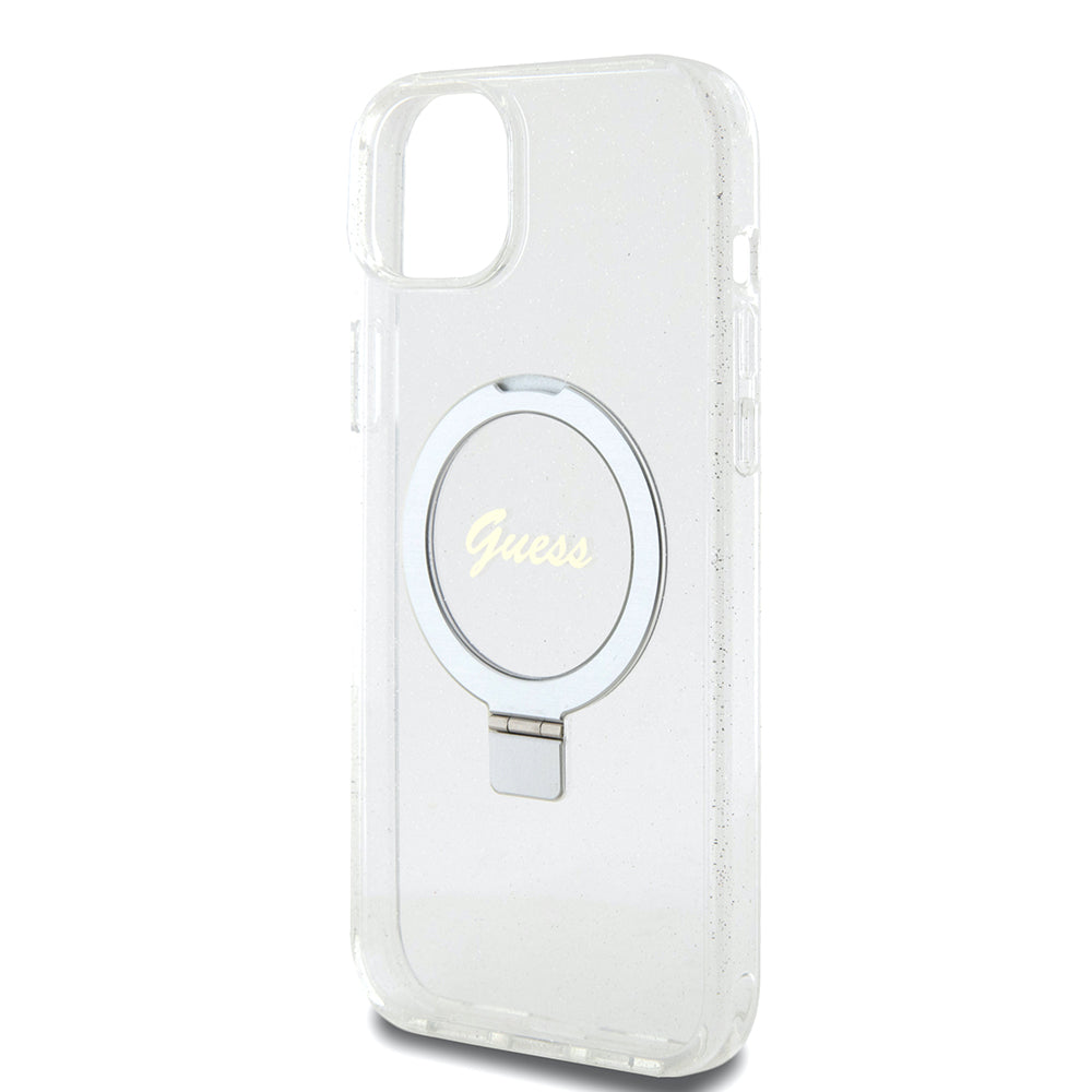 Capa MagSafe para Apple iPhone 15 Plus, Guess, Ring Stand Script Glitter, Transparente