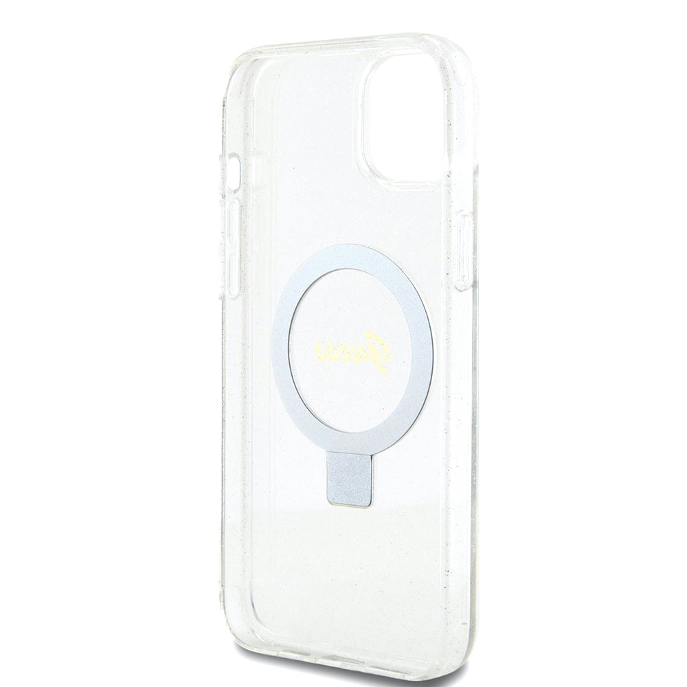 Capa MagSafe para Apple iPhone 15 Plus, Guess, Ring Stand Script Glitter, Transparente