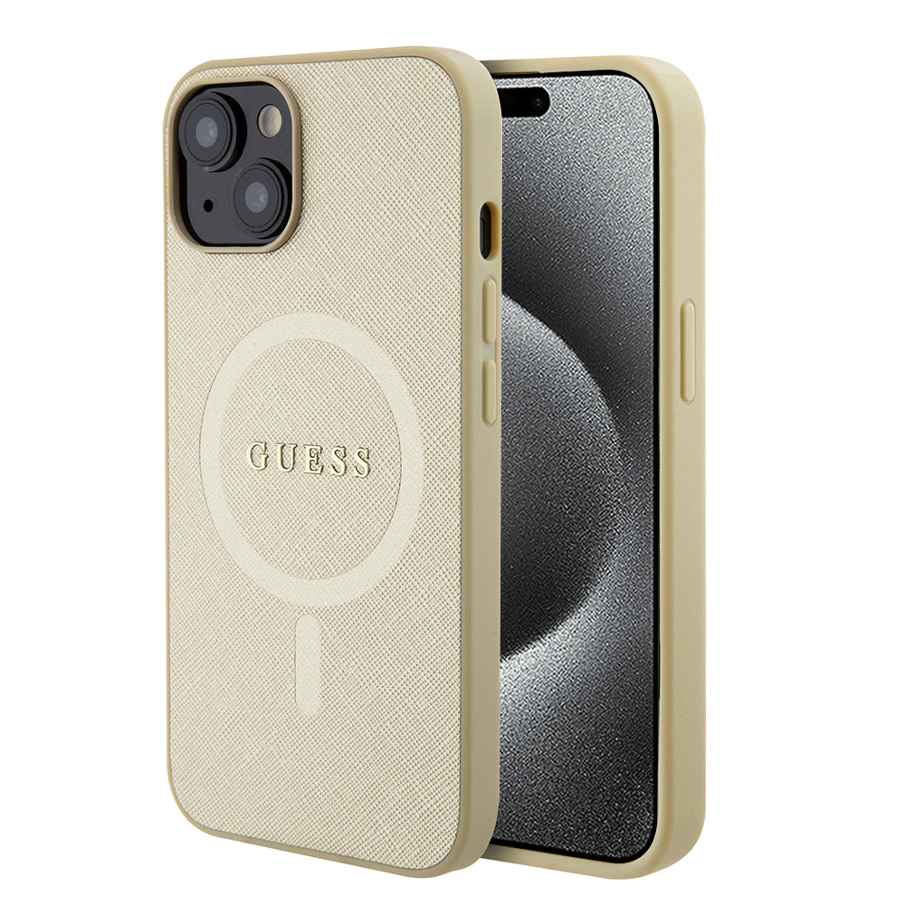 Capa MagSafe para Apple iPhone 15 Plus, Guess, Saffiano, Dourada