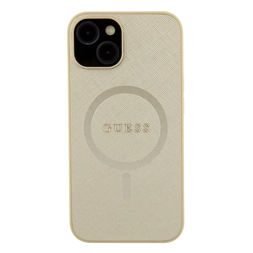 Capa MagSafe para Apple iPhone 15 Plus, Guess, Saffiano, Dourada