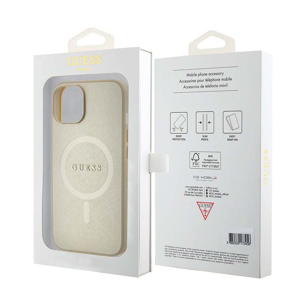 Capa MagSafe para Apple iPhone 15 Plus, Guess, Saffiano, Dourada