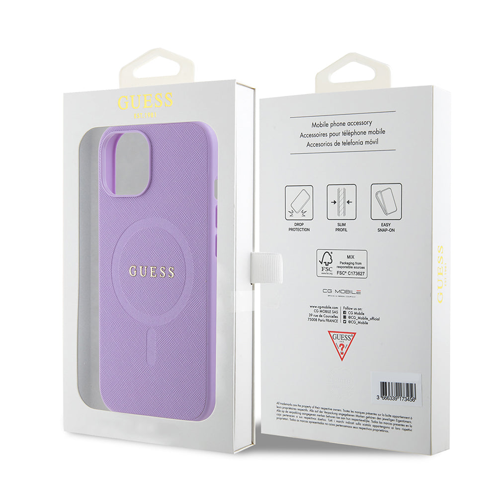 Capa MagSafe para Apple iPhone 15 Plus, Guess, Saffiano, Roxo