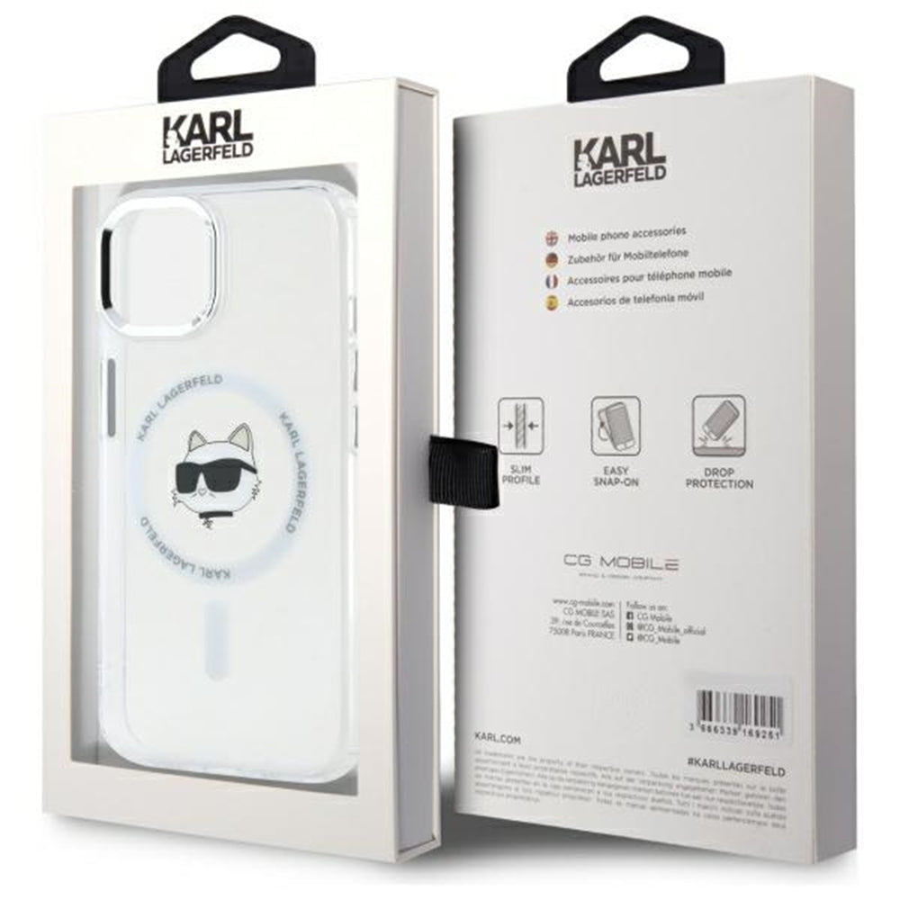 Capa MagSafe para Apple iPhone 15 Plus, Karl Lagerfeld, IML Metal Choupette's Head, Branca