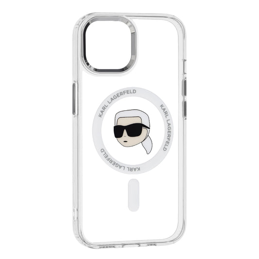 Capa MagSafe para Apple iPhone 15 Plus, Karl Lagerfeld, IML Metal Karl's Head, Branca.