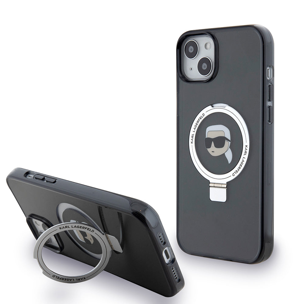 Capa MagSafe para Apple iPhone 15 Plus, Karl Lagerfeld, Ring Stand Karl's Head, Preta