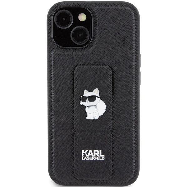 Capa MagSafe para Apple iPhone 15 Plus, Karl Lagerfeld, Saffiano Gripstand Choupette, Preta