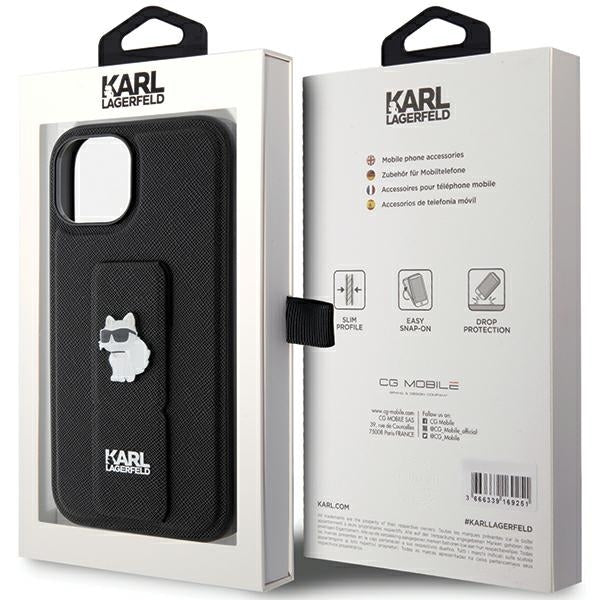 Capa MagSafe para Apple iPhone 15 Plus, Karl Lagerfeld, Saffiano Gripstand Choupette, Preta