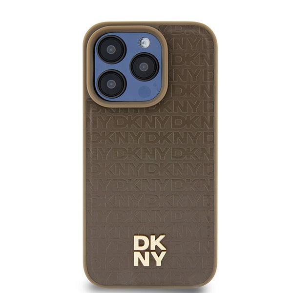 MagSafe Case for Apple iPhone 15 Pro, DKNY, Monogram Pattern Metal Logo, Brown