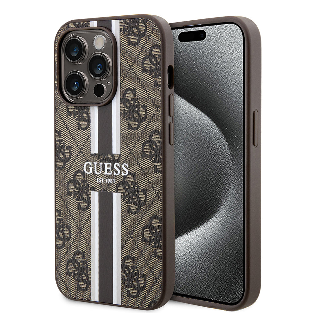 Capa MagSafe para Apple iPhone 15 Pro, Guess, 4G Printed Stripes, Marrom