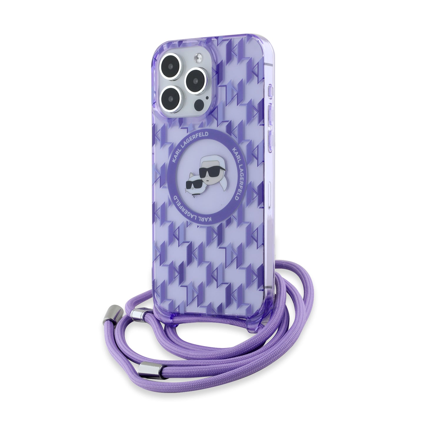 Capa MagSafe para Apple iPhone 15 Pro, Karl Lagerfeld, IML Crossbody Monogram Karl & Choupette's Heads, Roxo