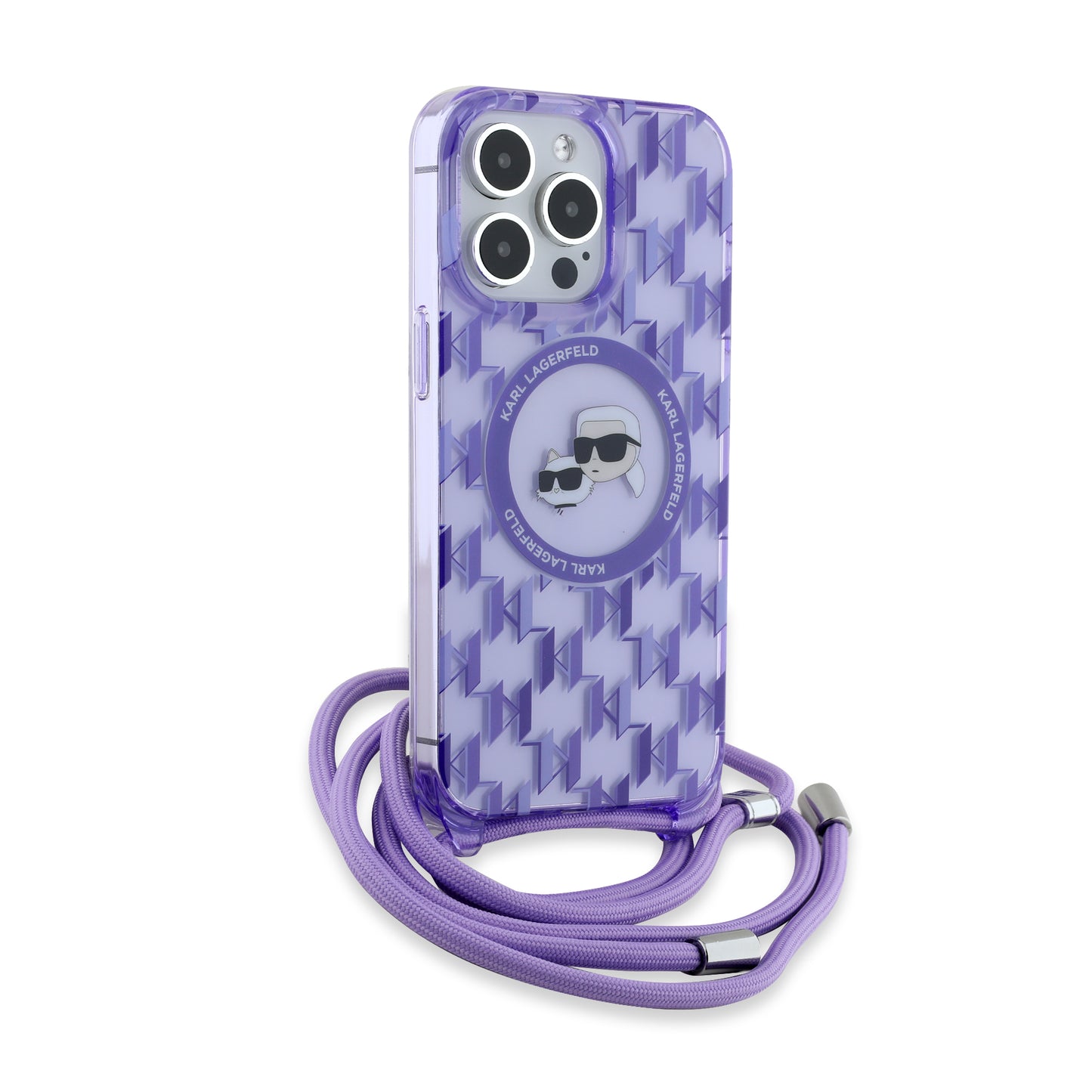 Capa MagSafe para Apple iPhone 15 Pro, Karl Lagerfeld, IML Crossbody Monogram Karl & Choupette's Heads, Roxo