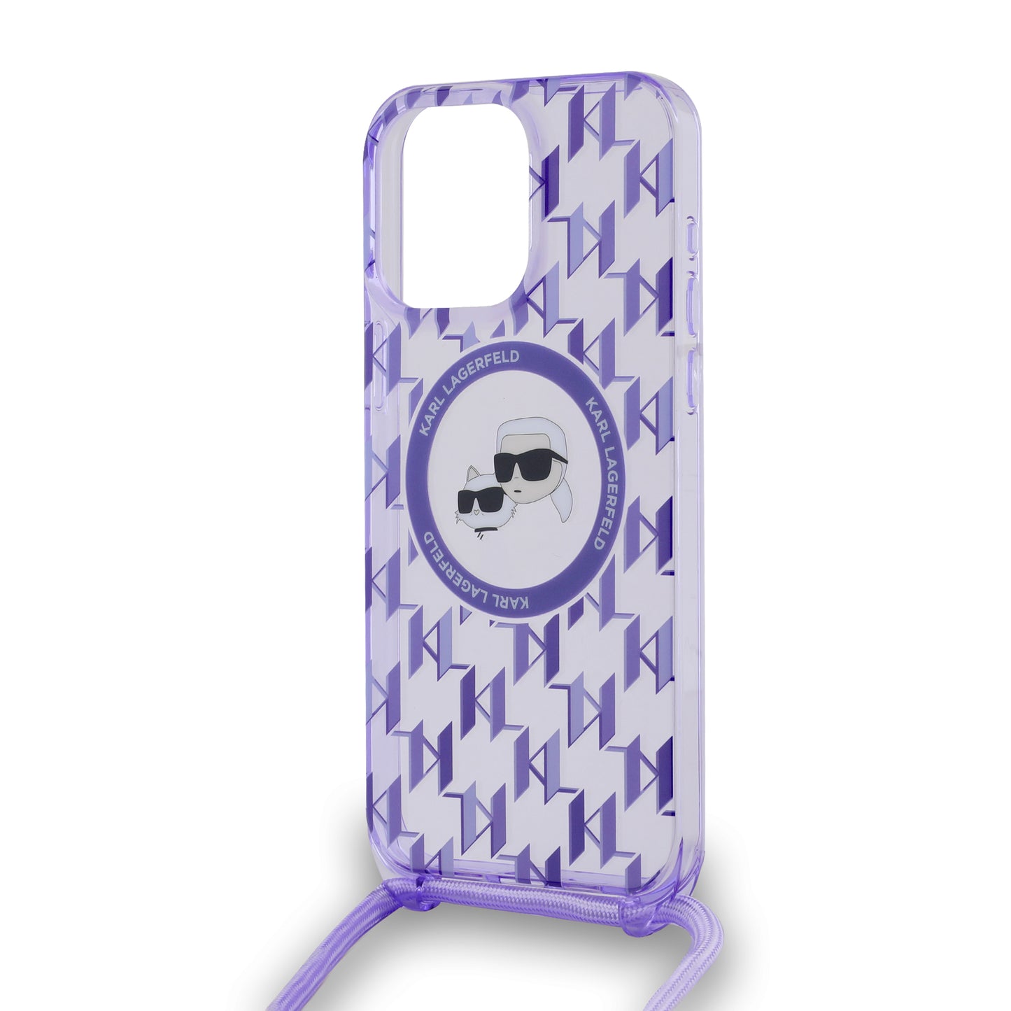 Capa MagSafe para Apple iPhone 15 Pro, Karl Lagerfeld, IML Crossbody Monogram Karl & Choupette's Heads, Roxo
