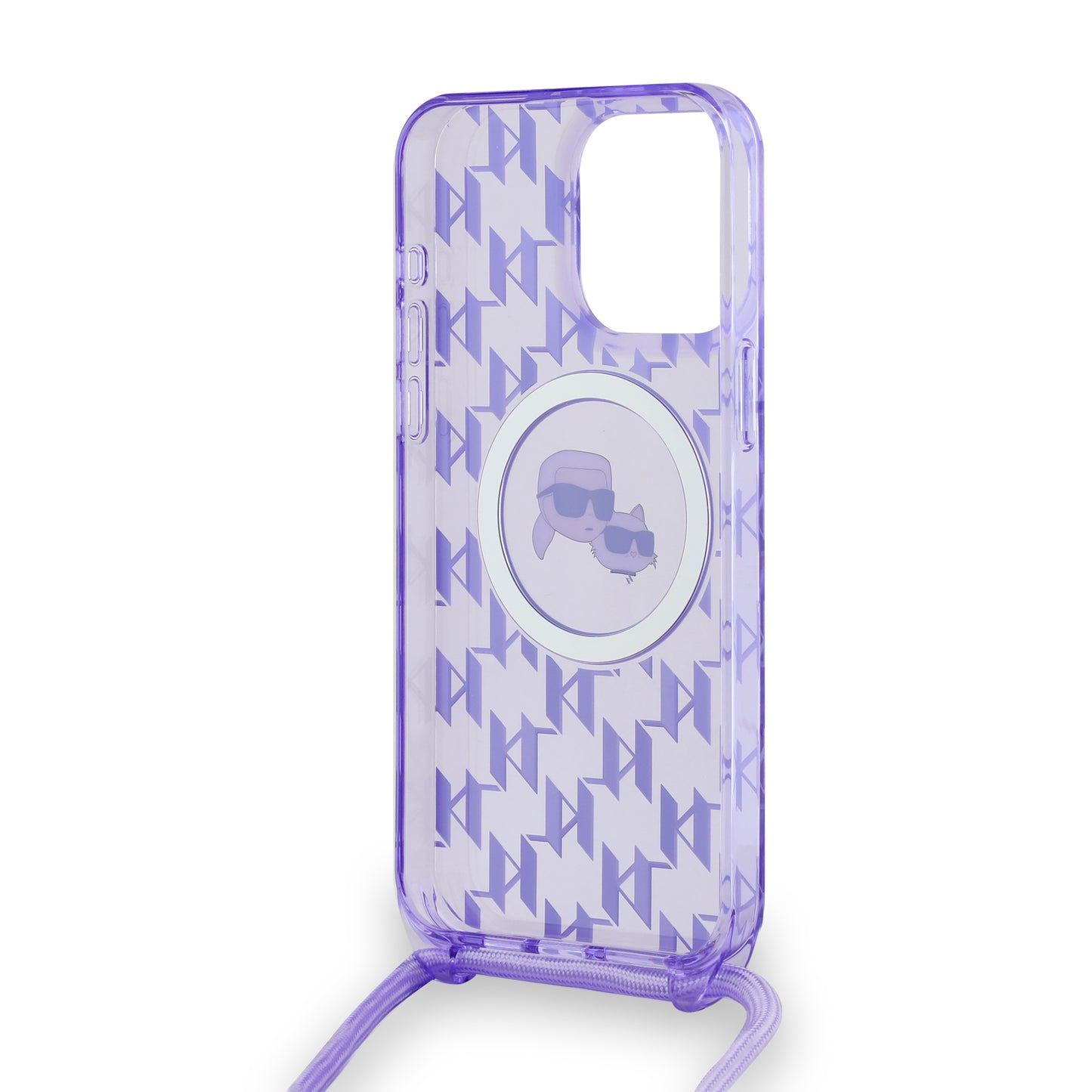 Capa MagSafe para Apple iPhone 15 Pro, Karl Lagerfeld, IML Crossbody Monogram Karl & Choupette's Heads, Roxo