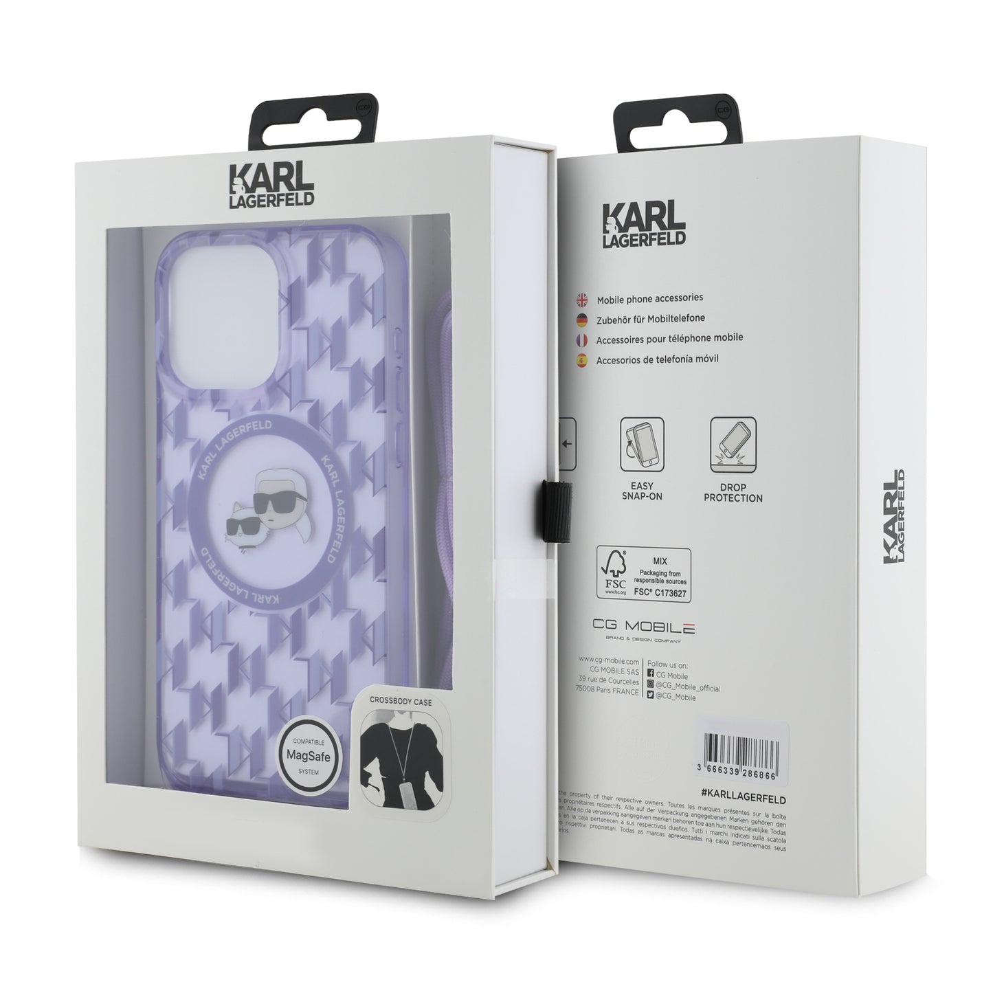 Capa MagSafe para Apple iPhone 15 Pro, Karl Lagerfeld, IML Crossbody Monogram Karl & Choupette's Heads, Roxo