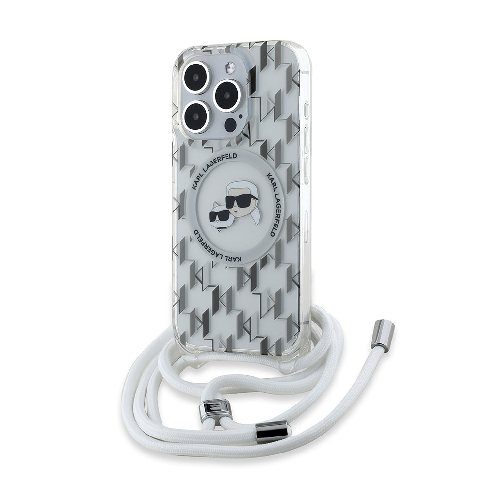 Capa MagSafe para Apple iPhone 15 Pro, Karl Lagerfeld, IML Crossbody Monogram Karl & Choupette's Heads, Transparente