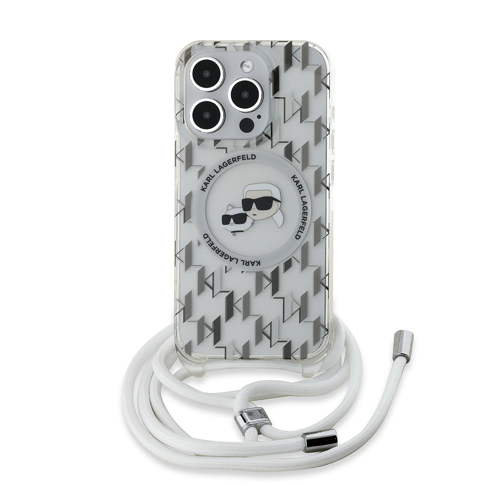 Capa MagSafe para Apple iPhone 15 Pro, Karl Lagerfeld, IML Crossbody Monogram Karl & Choupette's Heads, Transparente