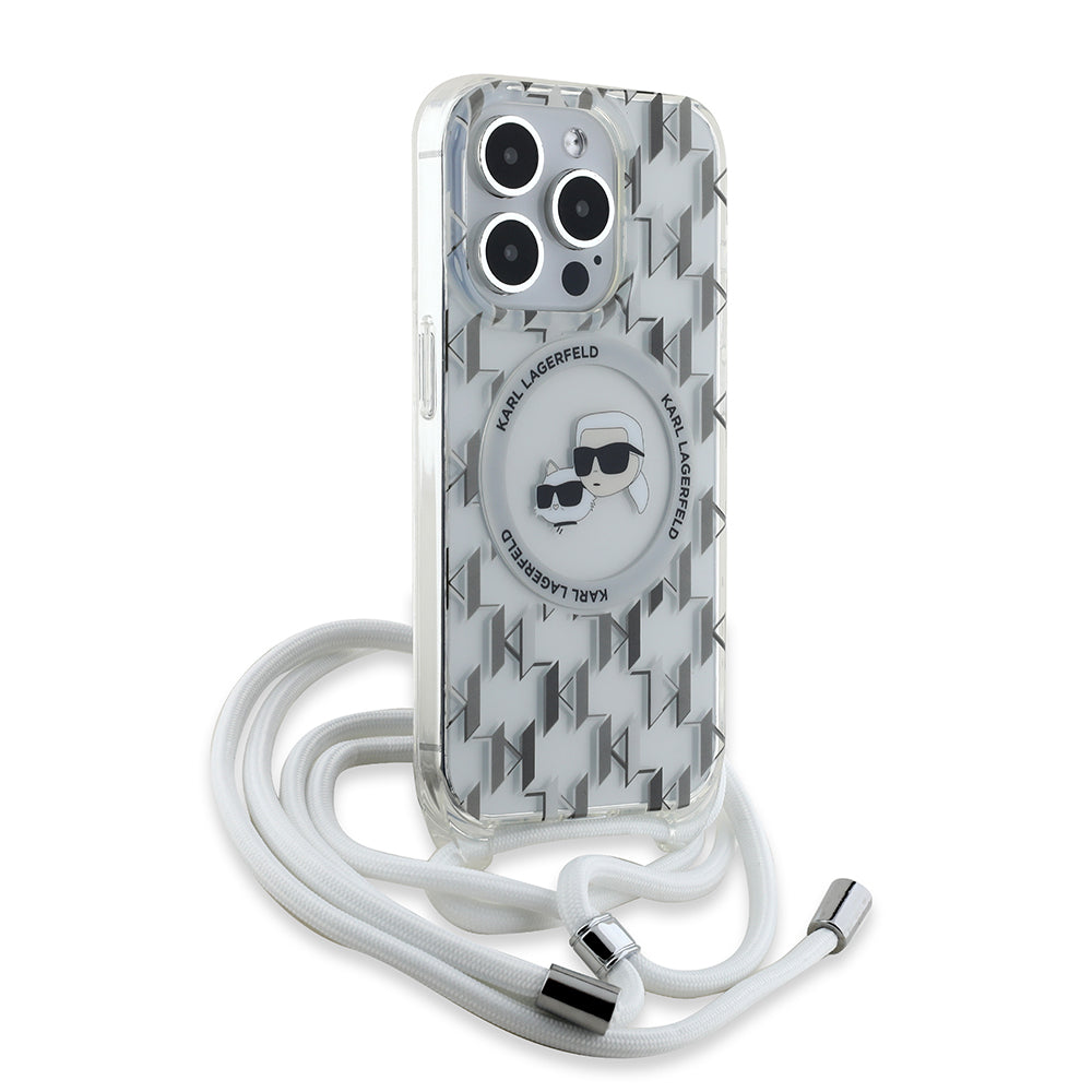 Capa MagSafe para Apple iPhone 15 Pro, Karl Lagerfeld, IML Crossbody Monogram Karl & Choupette's Heads, Transparente