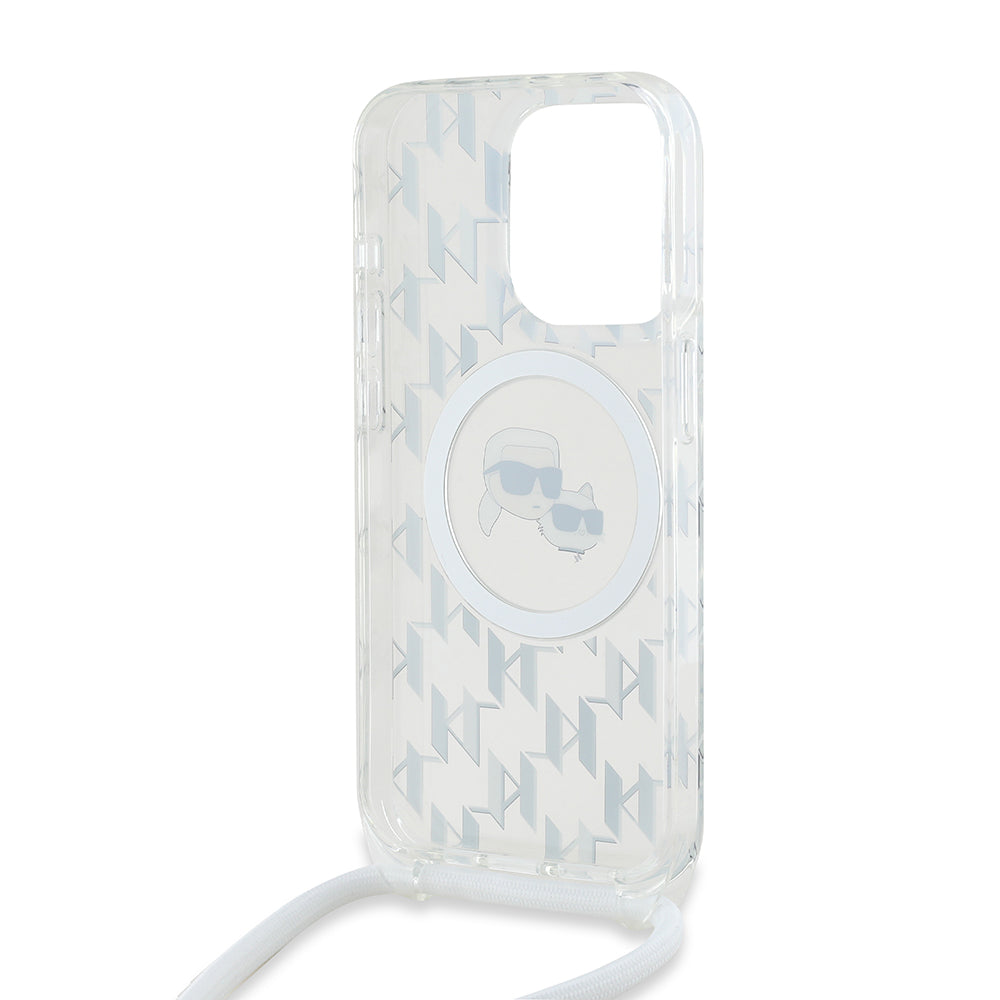 Capa MagSafe para Apple iPhone 15 Pro, Karl Lagerfeld, IML Crossbody Monogram Karl & Choupette's Heads, Transparente