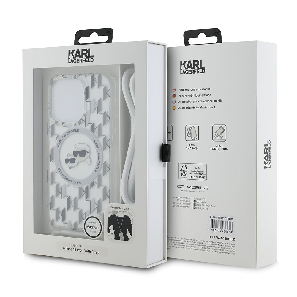 Capa MagSafe para Apple iPhone 15 Pro, Karl Lagerfeld, IML Crossbody Monogram Karl & Choupette's Heads, Transparente