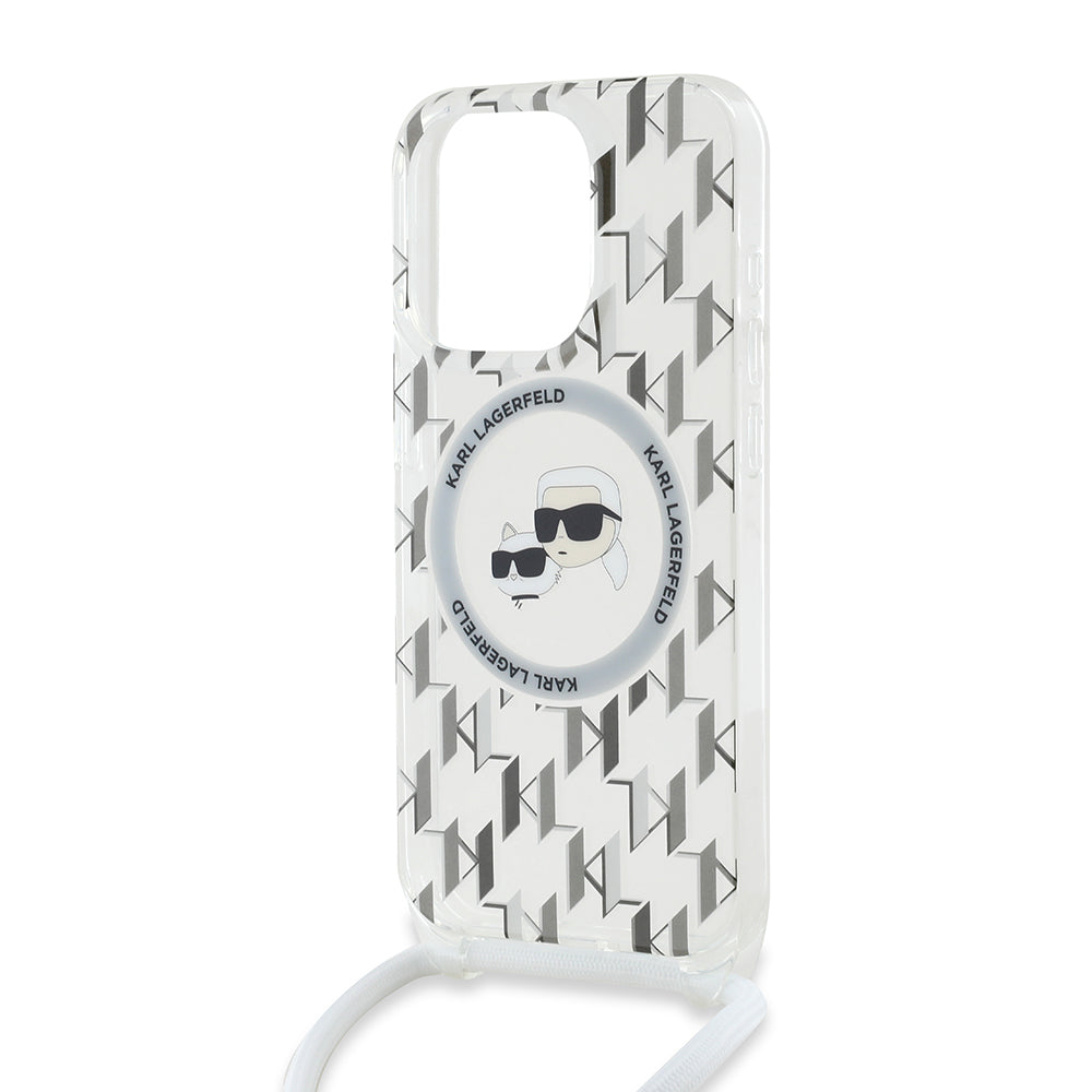 Capa MagSafe para Apple iPhone 15 Pro, Karl Lagerfeld, IML Crossbody Monogram Karl & Choupette's Heads, Transparente