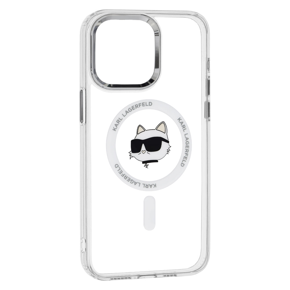 Capa MagSafe para Apple iPhone 15 Pro, Karl Lagerfeld, IML Metal Choupette's Head, Branca.