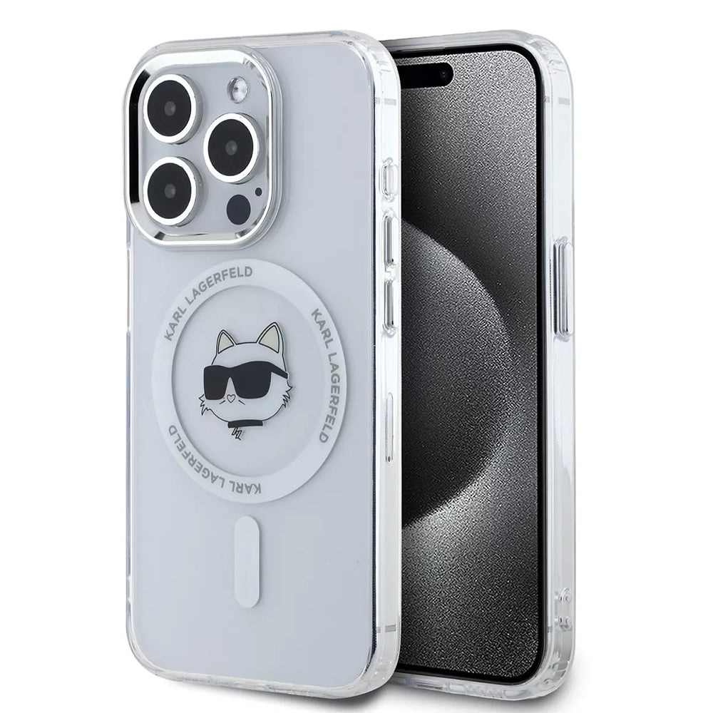 Capa MagSafe para Apple iPhone 15 Pro, Karl Lagerfeld, IML Metal Choupette's Head, Branca.
