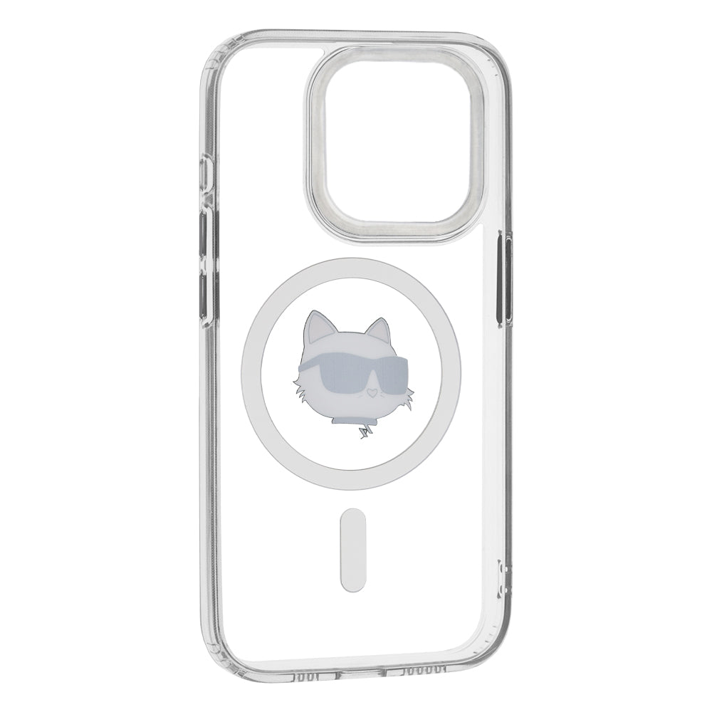 Capa MagSafe para Apple iPhone 15 Pro, Karl Lagerfeld, IML Metal Choupette's Head, Branca.