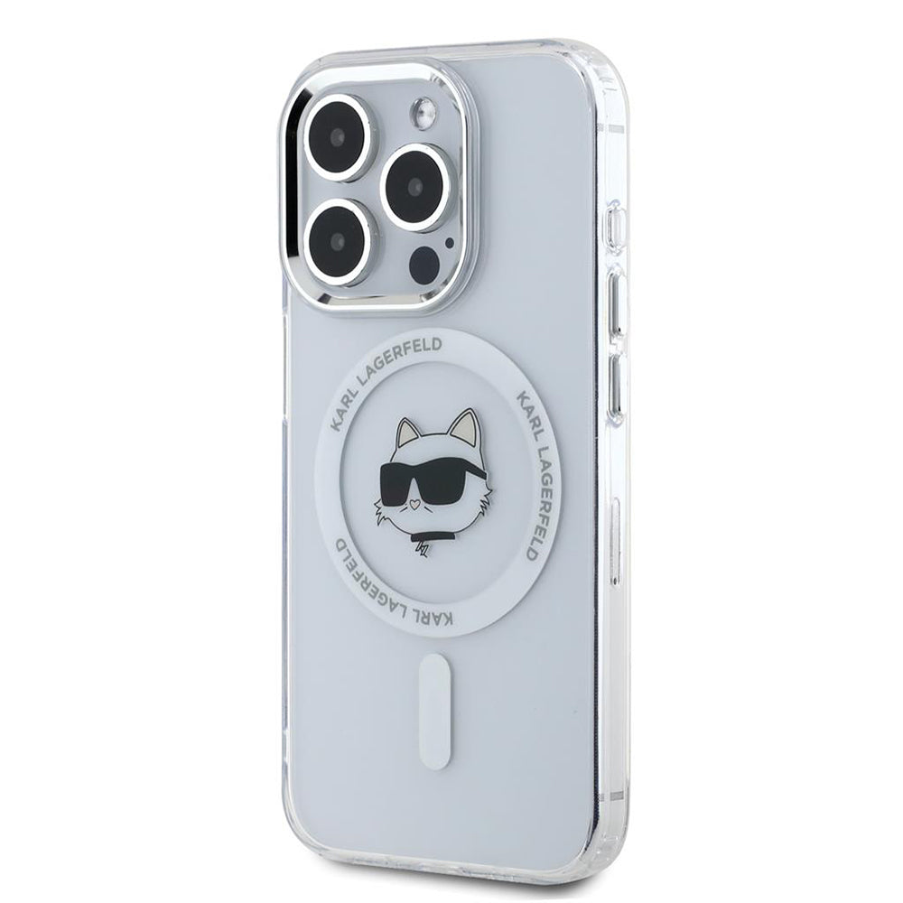 Capa MagSafe para Apple iPhone 15 Pro, Karl Lagerfeld, IML Metal Choupette's Head, Branca.