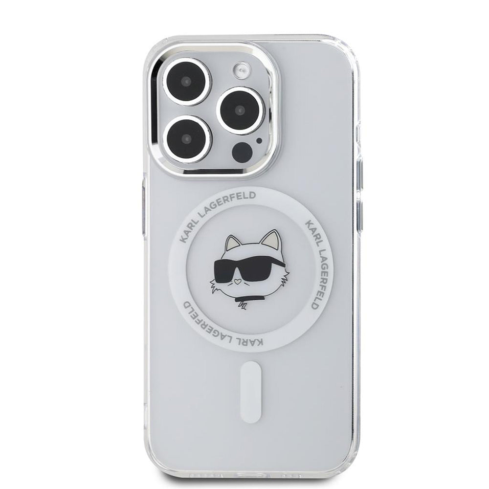 Capa MagSafe para Apple iPhone 15 Pro, Karl Lagerfeld, IML Metal Choupette's Head, Branca.