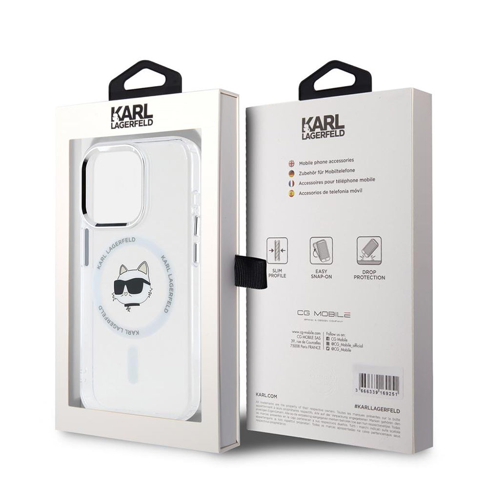 Capa MagSafe para Apple iPhone 15 Pro, Karl Lagerfeld, IML Metal Choupette's Head, Branca.