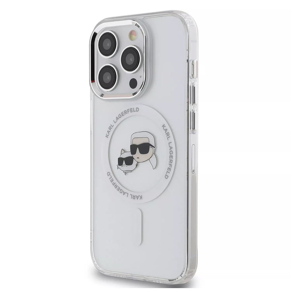 Capa MagSafe para Apple iPhone 15 Pro, Karl Lagerfeld, IML Metal Karl & Choupette's Heads, Branca