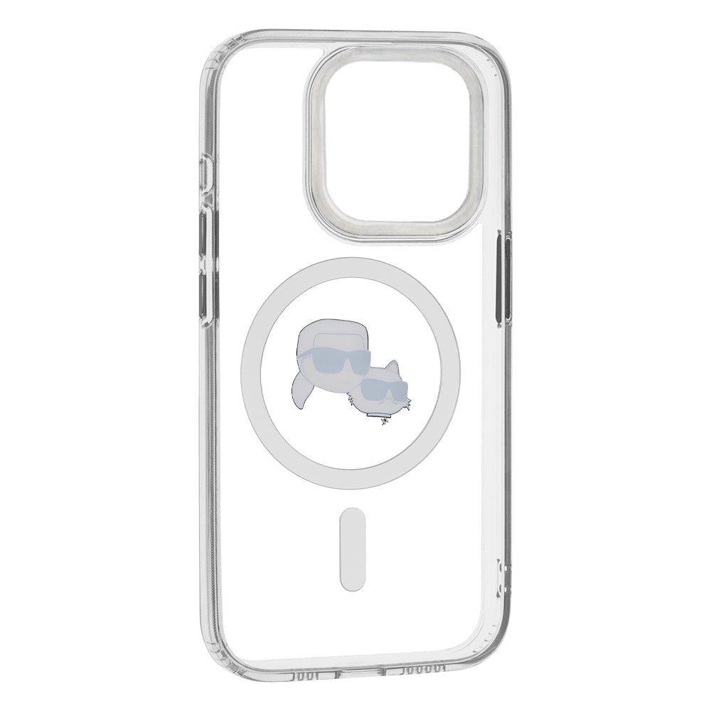 Capa MagSafe para Apple iPhone 15 Pro, Karl Lagerfeld, IML Metal Karl & Choupette's Heads, Branca
