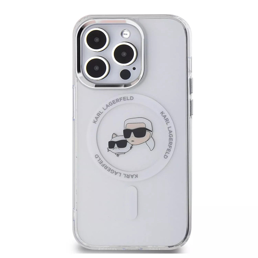 Capa MagSafe para Apple iPhone 15 Pro, Karl Lagerfeld, IML Metal Karl & Choupette's Heads, Branca