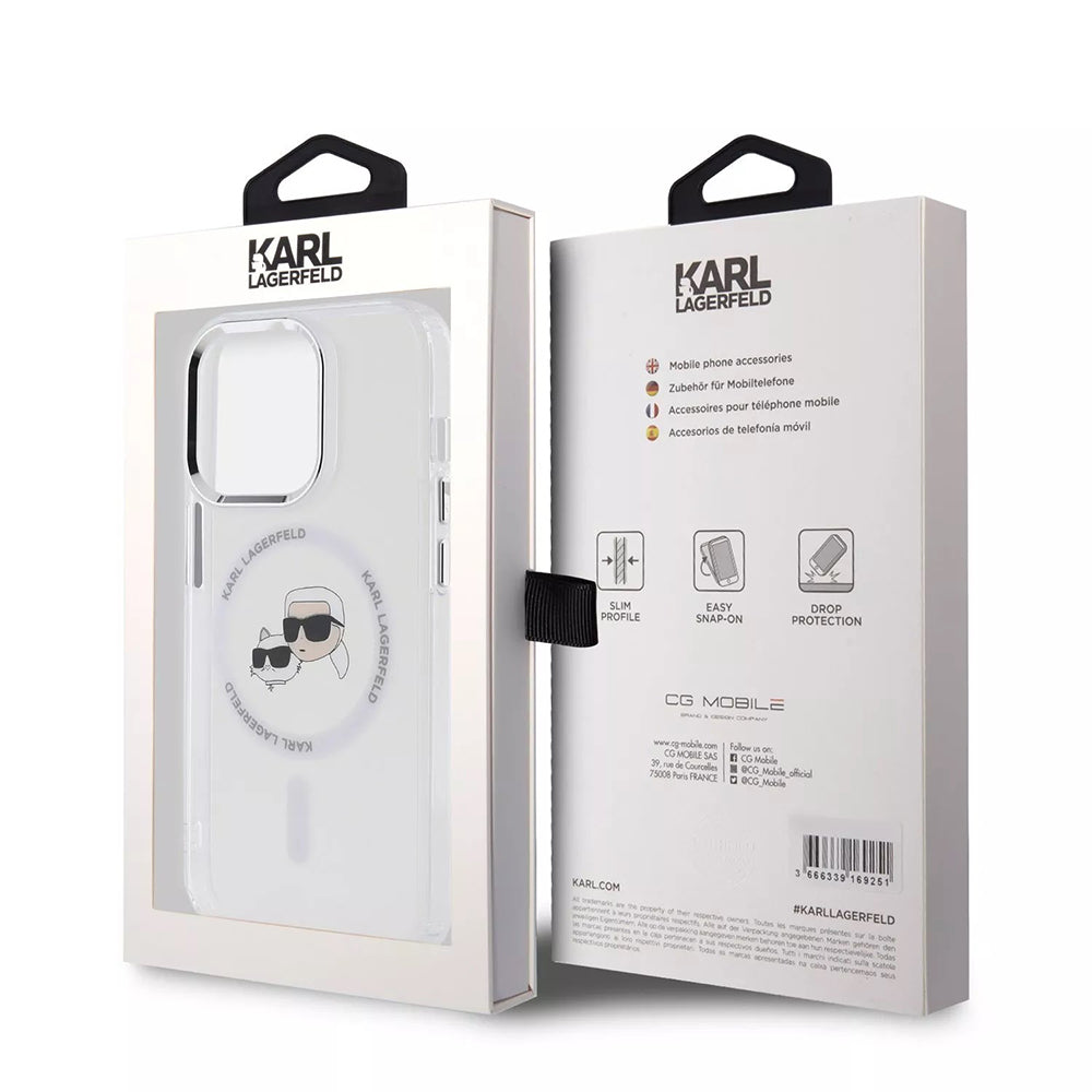 Capa MagSafe para Apple iPhone 15 Pro, Karl Lagerfeld, IML Metal Karl & Choupette's Heads, Branca