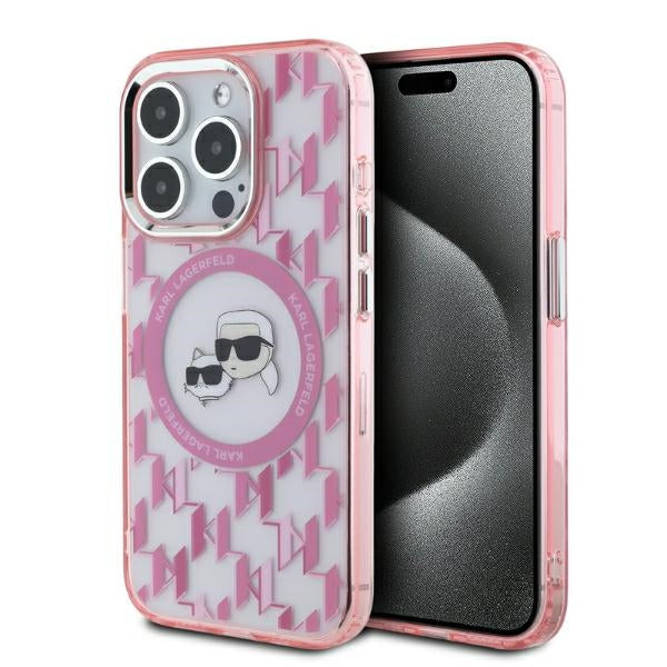 Capa MagSafe para Apple iPhone 15 Pro, Karl Lagerfeld, IML Monograma Karl & Cabeças de Choupette, Rosa