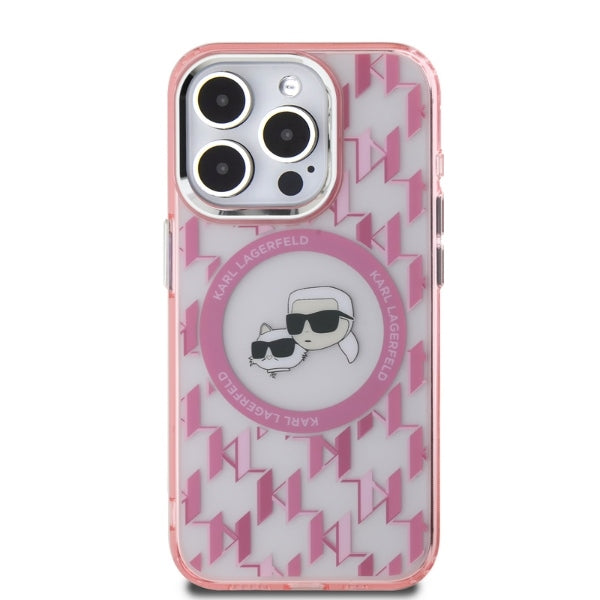 Capa MagSafe para Apple iPhone 15 Pro, Karl Lagerfeld, IML Monograma Karl & Cabeças de Choupette, Rosa