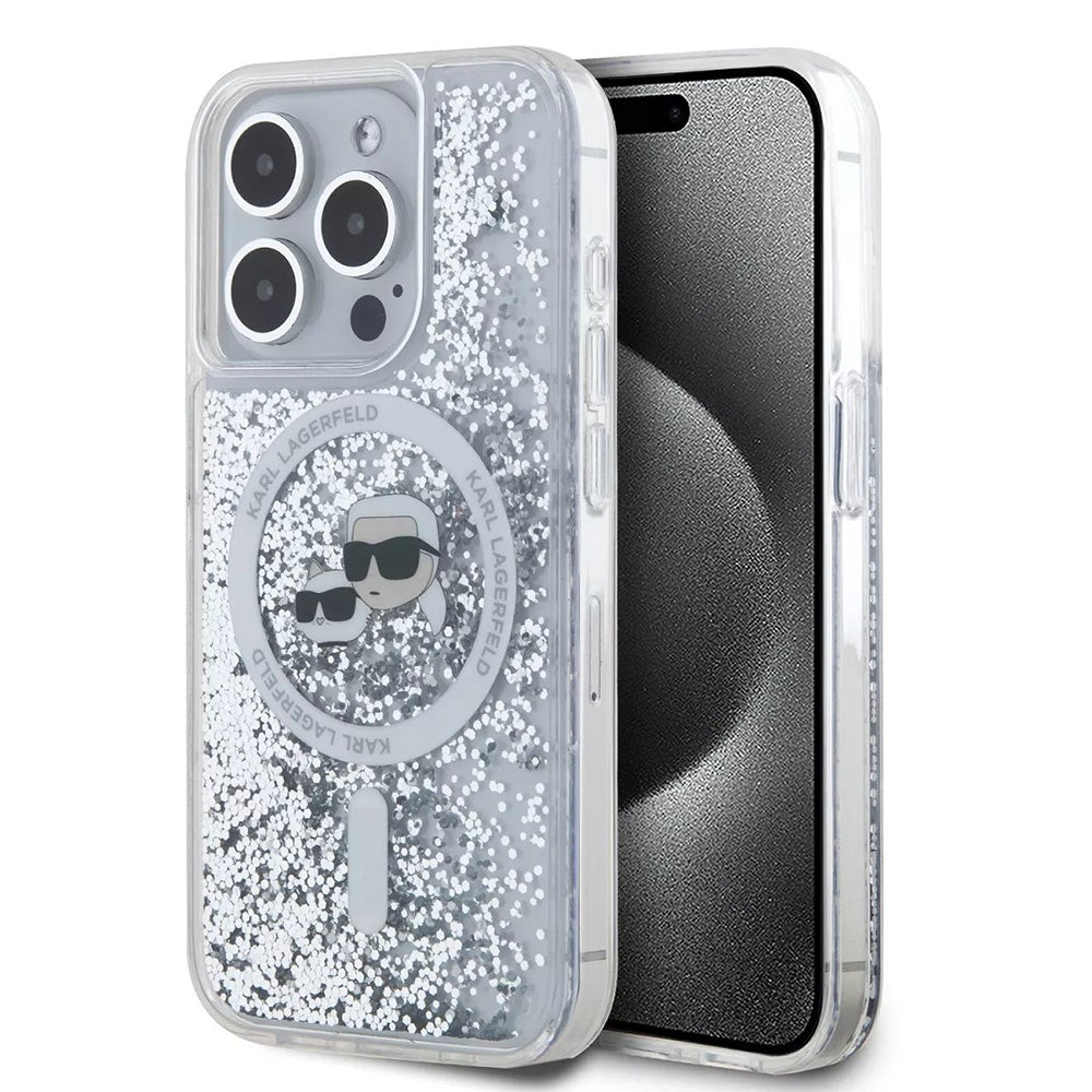 Capa MagSafe para Apple iPhone 15 Pro, Karl Lagerfeld, Liquid Glitter Karl & Choupette's Heads, Transparente